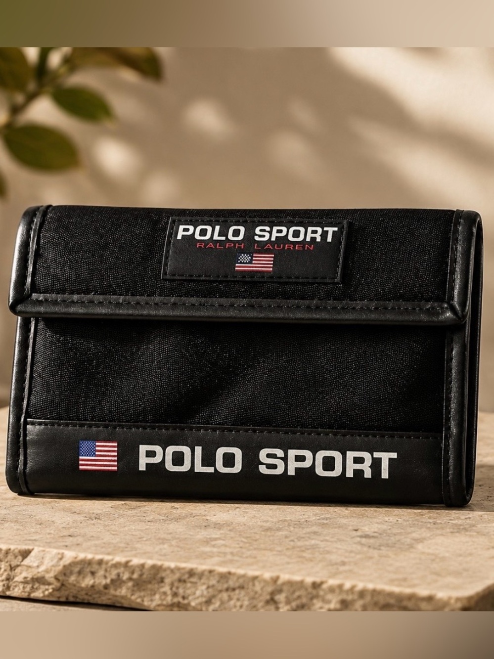 Vintage Polo Sport Ralph Lauren Black Nylon Wallet 90s Zip Around Logo USA Flag